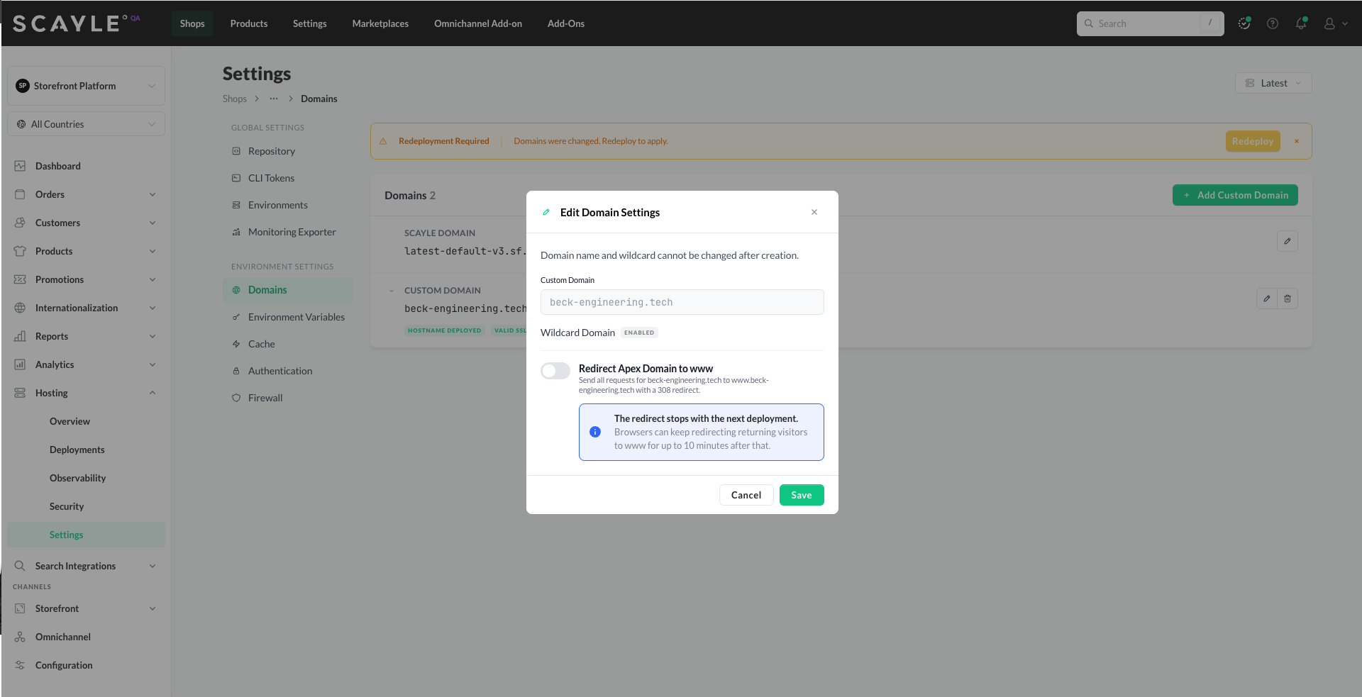 Edit Domain Settings dialog with the Redirect Apex Domain to www toggle switched off, showing a note about browser caching.